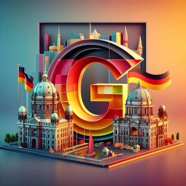 Rappresentazione 3D della lettera G sullo sfondo colorato della capitale e della bandiera tedesca