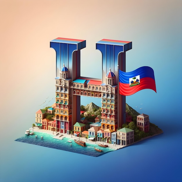 Rappresentazione 3D della lettera H sullo sfondo colorato della capitale e della bandiera di Haiti