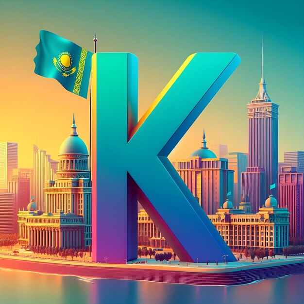 Rappresentazione 3D della lettera K sullo sfondo colorato della bandiera della capitale del Kazakistan