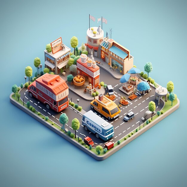 Rappresentazione 3d della miniatura isometrica della città del camion di cibo