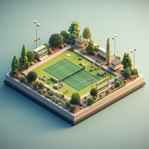 Rappresentazione 3d della miniatura isometrica della città del campo da tennis