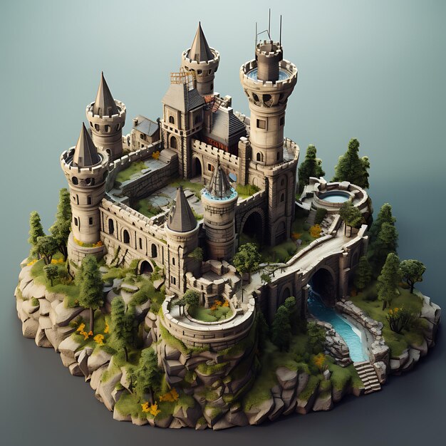 Rappresentazione 3d della miniatura isometrica della città del castello