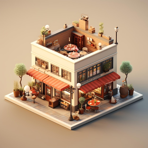 Rappresentazione 3d della miniatura isometrica della città della caffetteria