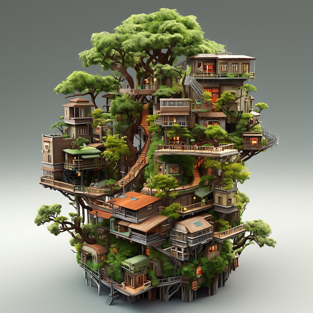 Rappresentazione 3d della miniatura isometrica della città della casa sull'albero