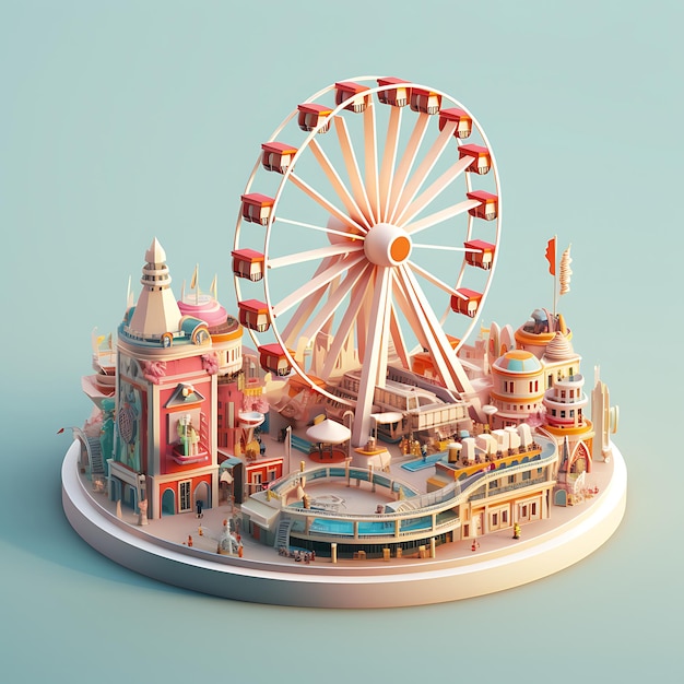 Rappresentazione 3d della miniatura isometrica della città della ruota panoramica