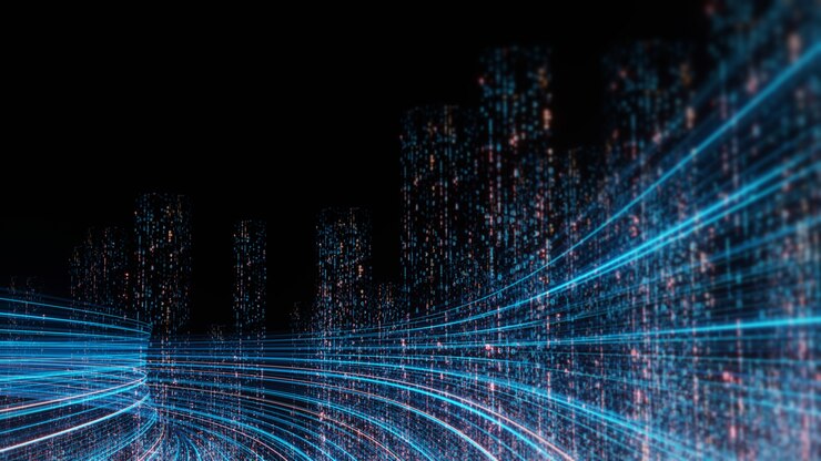 Rappresentazione 3D della velocità del filo di ordito nell'iper ciclo con la luce della sfuocatura dalle luci delle costruzioni in mega città alla notte.