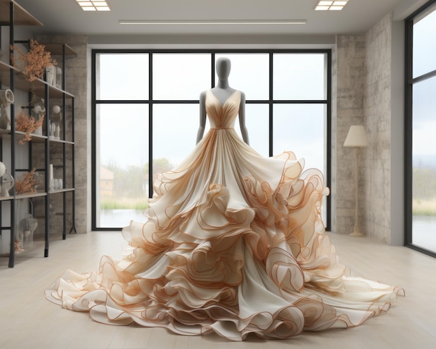 Rappresentazione 3d di un abito da sposa su un manichino in una stanza vuota