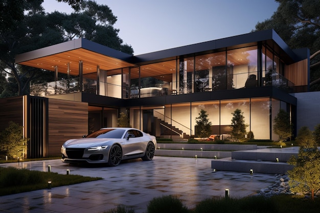Rappresentazione 3d di un'automobile di lusso della casa moderna e lussuosa in garage