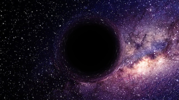 Rappresentazione 3D di un buco nero supermassiccio contro un cielo stellato