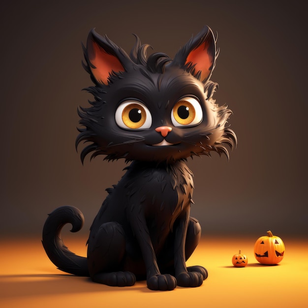Rappresentazione 3d di un gatto nero con le zucche di Halloween