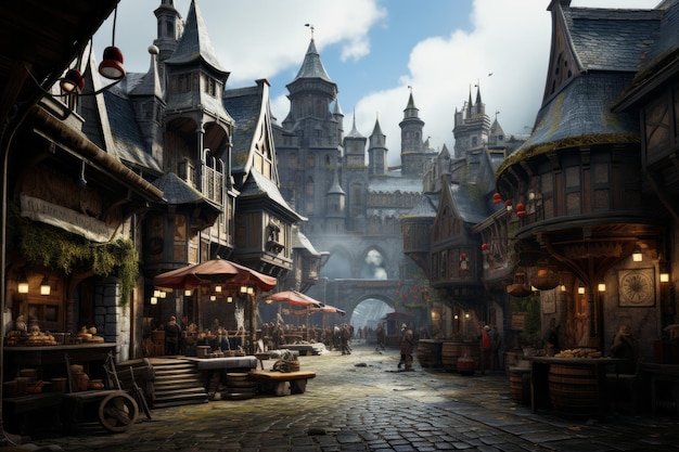 Rappresentazione 3D di una città medievale con castello