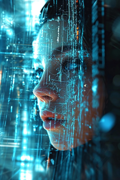 Rappresentazione 3D di una donna che emerge da una matrice digitale