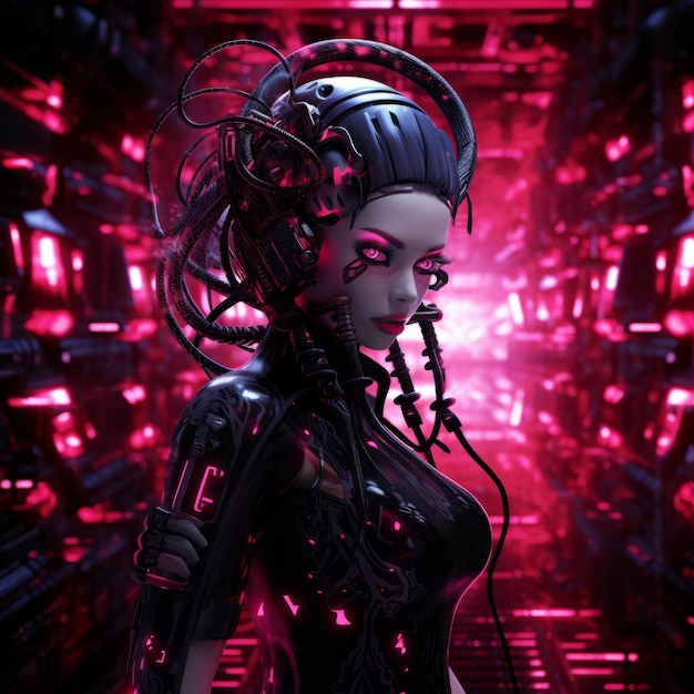 Rappresentazione 3d di una donna in un'ambientazione cyberpunk