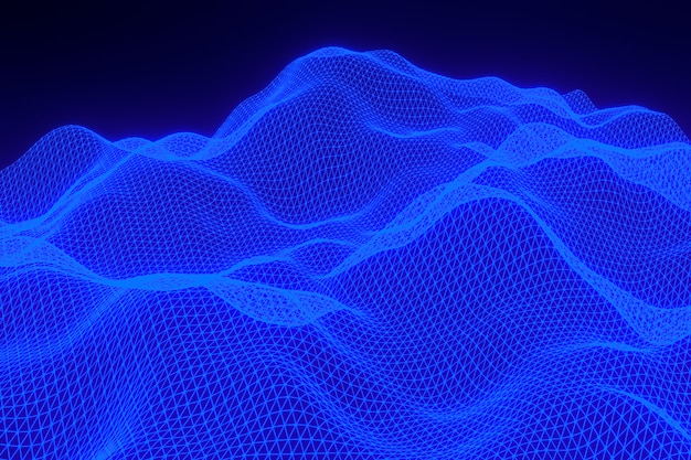 Rappresentazione 3d, paesaggio digitale del fondo blu astratto con i punti delle particelle su fondo nero, poli basso su fondo nero