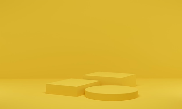 Rappresentazione 3D. Palcoscenico a forma geometrica di scena gialla per la promozione del prodotto. Design minimalista astratto con spazio vuoto.