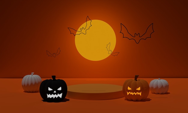 Rappresentazione 3D. Scena minima del podio astratto per lo sfondo di Halloween. Zucca con pipistrello volante e luna piena su piedistallo a forma geometrica