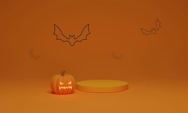 Rappresentazione 3D. Scena minima del podio astratto per lo sfondo di Halloween. Zucca con pipistrello volante su piedistallo di forma geometrica per l'esposizione del prodotto