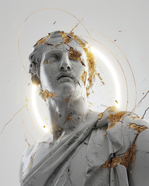 Rappresentazione affascinante di una statua di Dio con un'aureola dorata, fascino glitch divino di estetica glitch che fonde sacro e moderno in un'espressione artistica unica e surreale