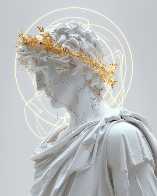 Rappresentazione affascinante di una statua di Dio con un'aureola dorata, fascino glitch divino di estetica glitch che fonde sacro e moderno in un'espressione artistica unica e surreale