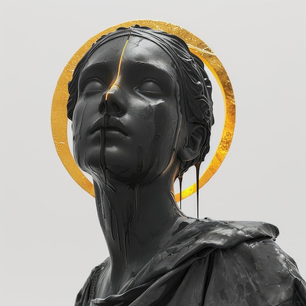 Rappresentazione affascinante di una statua di Dio con un'aureola dorata, fascino glitch divino di estetica glitch che fonde sacro e moderno in un'espressione artistica unica e surreale