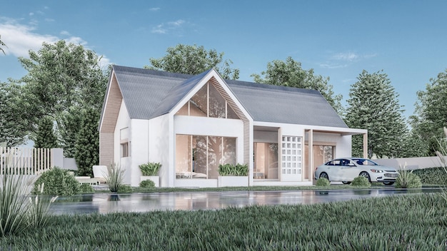 Rappresentazione architettonica 3D di una moderna casa minimale con garage e scenario naturale sul retro