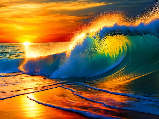 Rappresentazione artistica di un'onda marina diurna con uno splendido tramonto sullo sfondo che cattura il