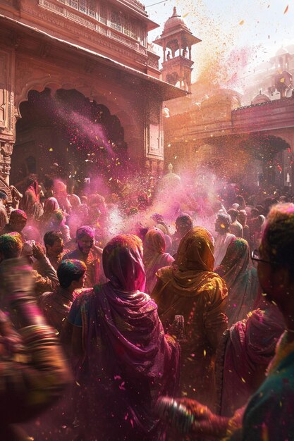 Rappresentazione artistica di una celebrazione di Holi in un storico tempio indiano