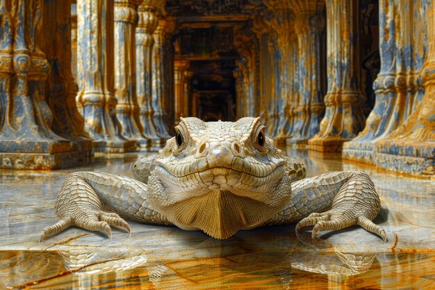 Rappresentazione artistica surreale della scultura del drago di pietra all'interno del corridoio del palazzo ornato con dettagli