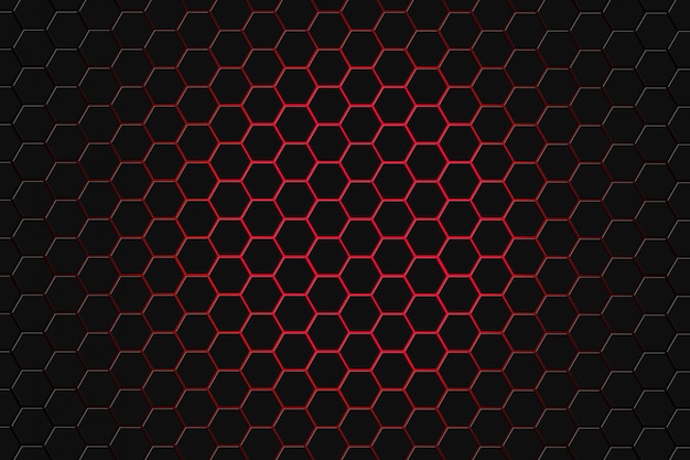 Rappresentazione astratta 3d della superficie futuristica con gli esagoni. Sfondo sci-fi rosso scuro.