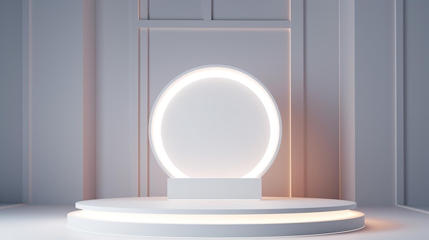 Rappresentazione astratta della forma 3d per l'esposizione del prodotto con cerchio al neon bianco