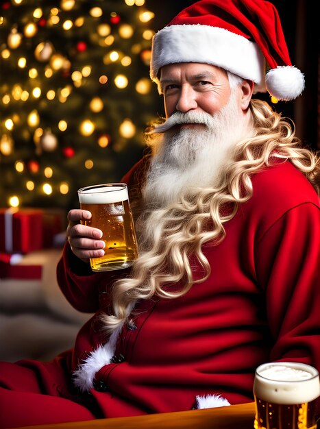 Rappresentazione cinematografica dettagliata dell'accogliente Babbo Natale che gusta una birra con HDR e intelligenza artificiale generativa