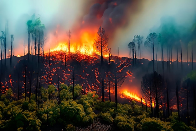 Rappresentazione degli incendi forestali in una giungla tropicale perdita di biodiversità e rilascio di carbonio