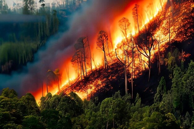 Rappresentazione degli incendi forestali in una giungla tropicale perdita di biodiversità e rilascio di carbonio