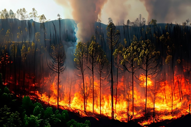 Rappresentazione degli incendi forestali in una giungla tropicale perdita di biodiversità e rilascio di carbonio