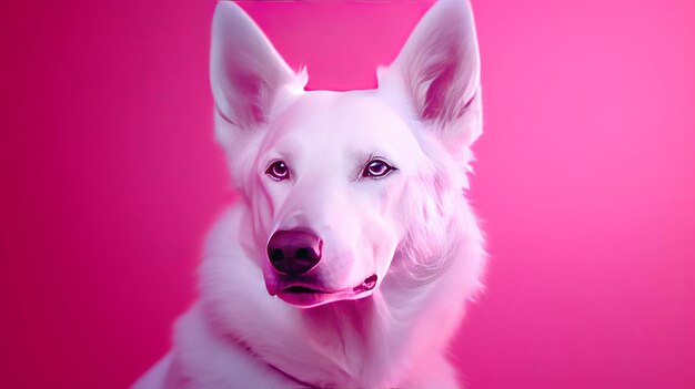 Rappresentazione del cagnolino di razza White Shepherd obbligato per le fondamenta dello studio in un canale di luce rosa inclinato al neon Risorsa creativa AI Generata