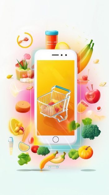 Rappresentazione dell'app per la consegna di generi alimentari con stravaganti indicatori di frutta e verdura