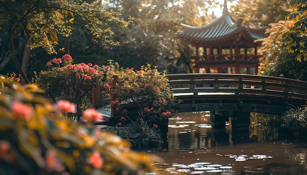 Rappresentazione di un giardino in fiore che incarna lo stile dell'orticoltura giapponese