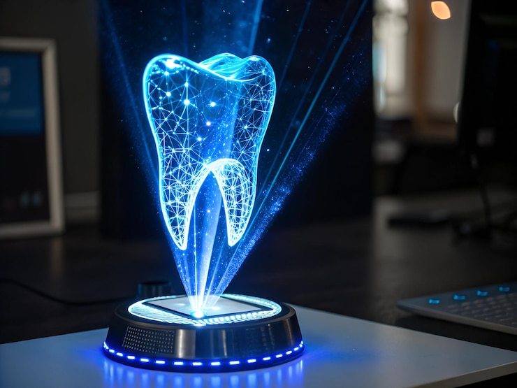 Foto rappresentazione di una proiezione olografica di un dente umano con illuminazione blu radiante