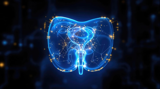 Rappresentazione digitale che illustra il sistema urinario umano con connessioni luminose che mostrano anatomia e tecnologia di notte AI generativa