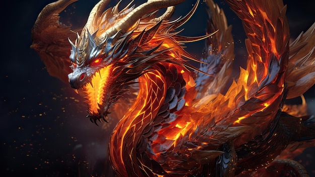 Rappresentazione epica di un drago mitico che brilla alla luce dell'incantesimo e della forza Creatura mitica incantesimo del drago luce forza raffigurazione epica generata da AI