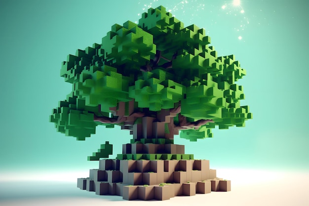 rappresentazione in 3d dell'albero cubico con foglie verdi e sfondo Albero di quercia in stile 3D Ai Voxel generativo