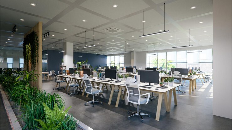 Foto rappresentazione interna 3d dell'ufficio moderno di affari
