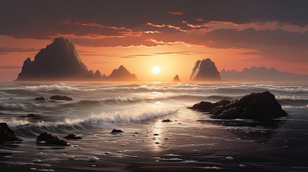 Rappresentazione iperreale di un paesaggio costiero all'alba
