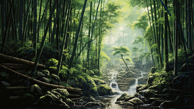 Rappresentazione iperrealistica di una serena foresta di bambù
