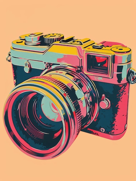 Rappresentazione pop art di una macchina fotografica d'epoca con colori vivaci e audaci