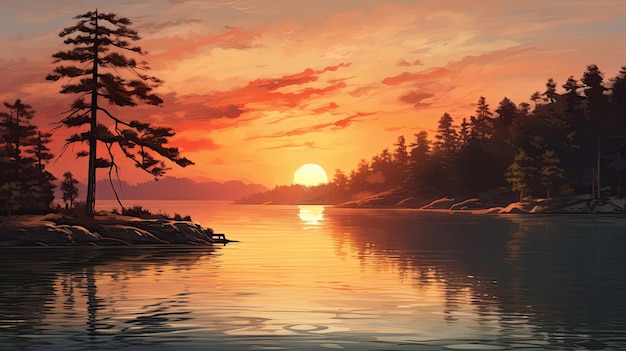 Rappresentazione realistica di una serena alba in riva al lago