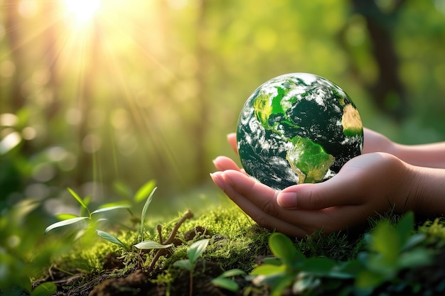 Rappresentazione simbolica della responsabilità ambientale Mani che stringono un globo in una foresta