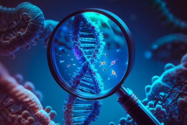 Rappresentazione visiva dell'elica del DNA umano nell'IA generativa liquida corporea