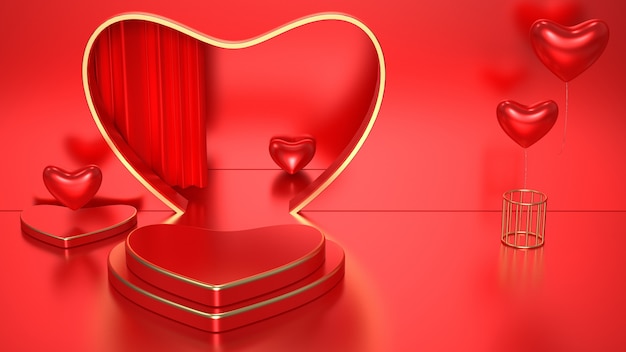 Rappresentazioni rosse romantiche 3d con il podio del cuore per il display mock up