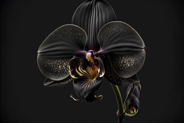 Rare fioritura di grandi orchidee nere del genere Big Lip phalaenopsis fiori isolati su uno sfondo nero scuro Arte generata dalla rete neurale